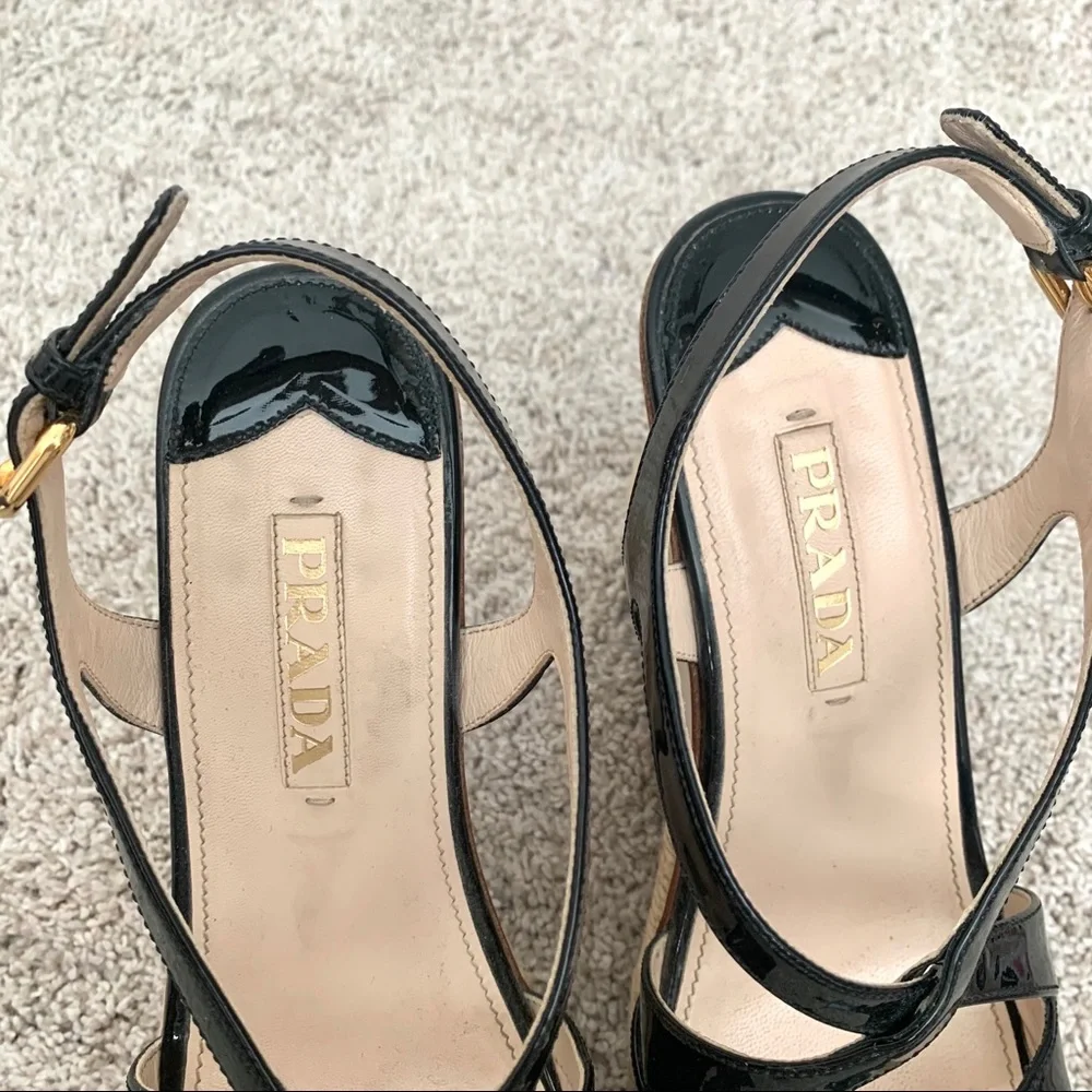 Prada Black Patent Leather Strappy Wedge Sandals